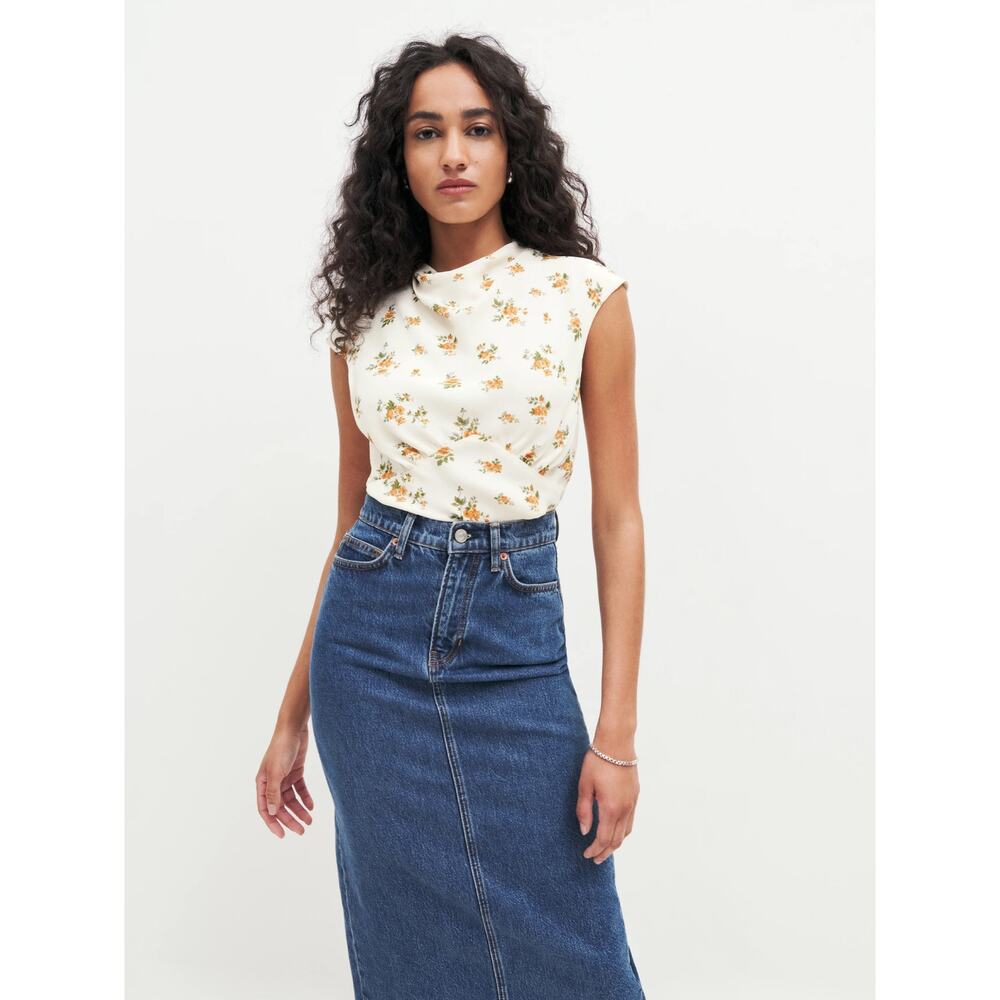 NWT Reformation Bettie Top Nicola Cream Yellow Floral Cap Sleeve Mock Neck 8